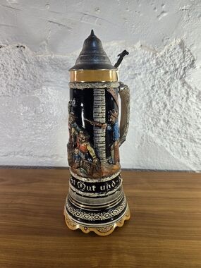 German Musical Beer Stein Pewter Lid Tavern Scene 13” Music Box Tested Works